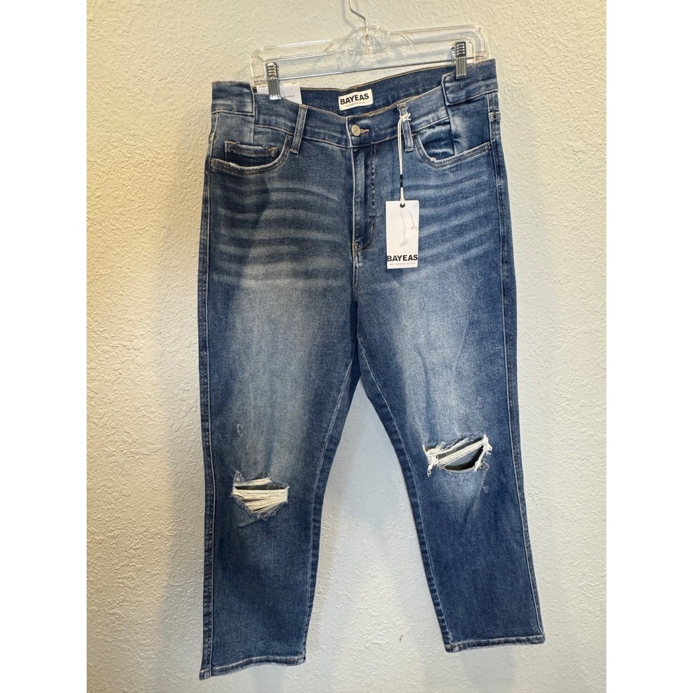 Bayeas Womens 14W High Rise Cropped Straight Distressed Jeans Blue Stretch